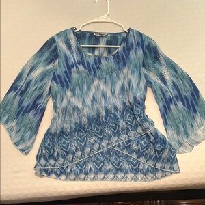 JM Collection Blue Relaxed Asymmetrical Bell Sleeve Top